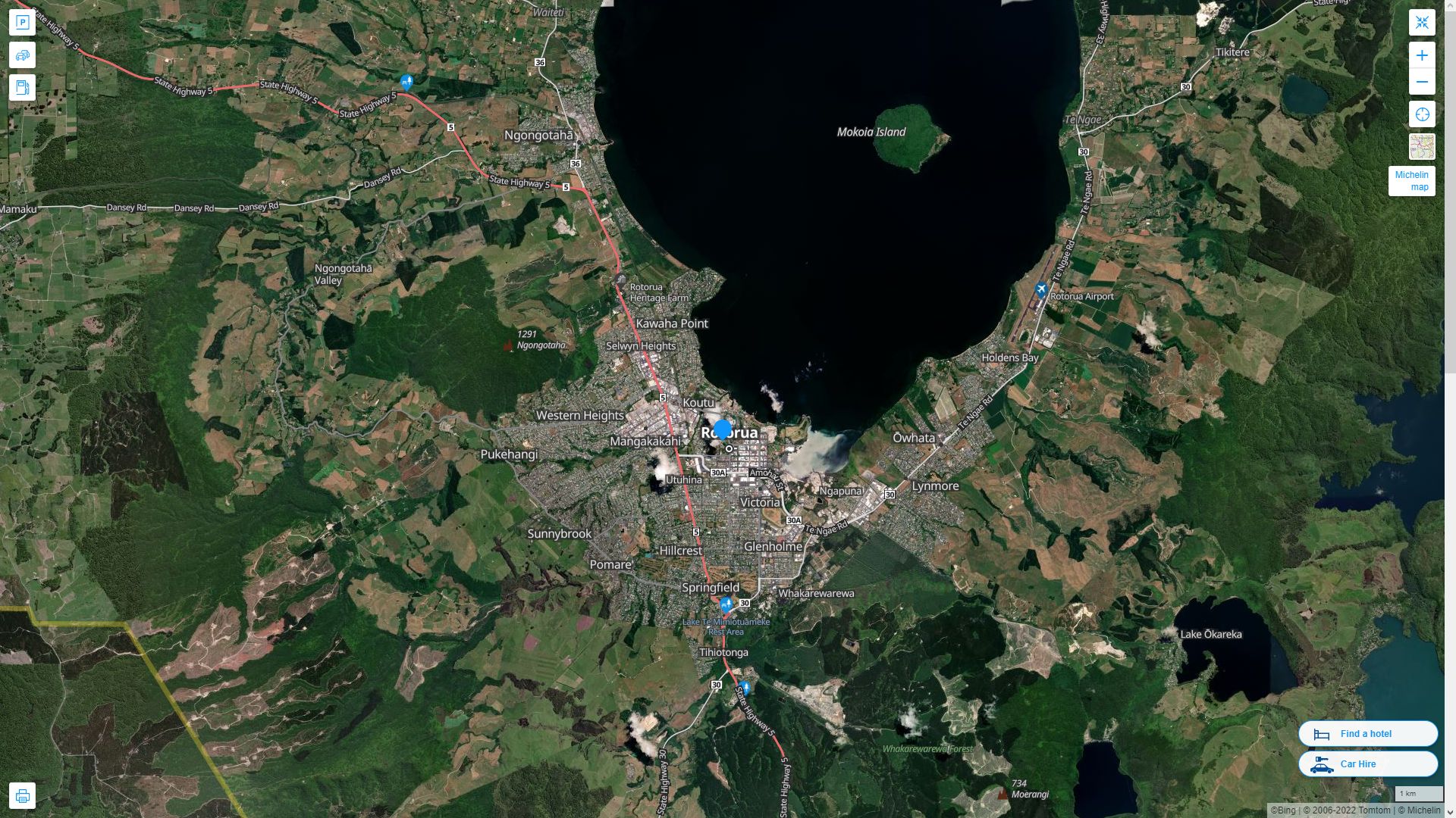 Rotorua Nouvelle Zelande Autoroute et carte routiere avec vue satellite